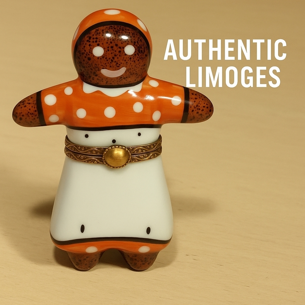 Authentic Limoges France Gingerbread Girl Trinket Box | Hand Painted. 3" tall​​